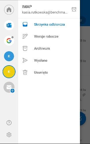 Menu aplikacji mobilnej outlook