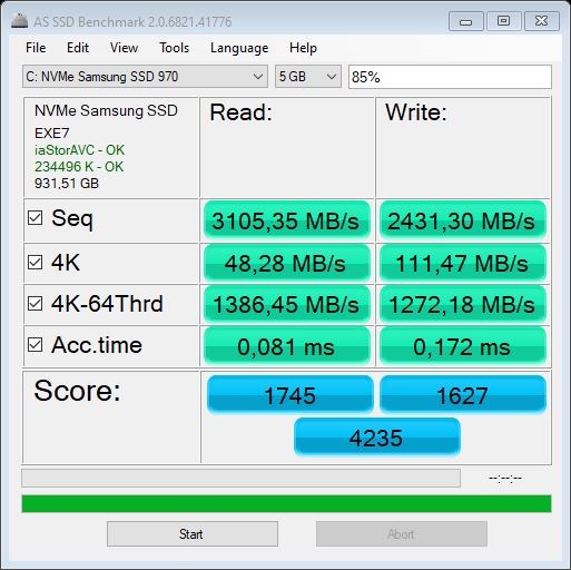 Hyperbook NH5 z RTX 3060 - test AS SSD duży % zajętego miejsca