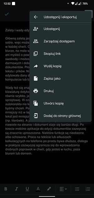 Edycja dokumentu tekstowego na telefonie