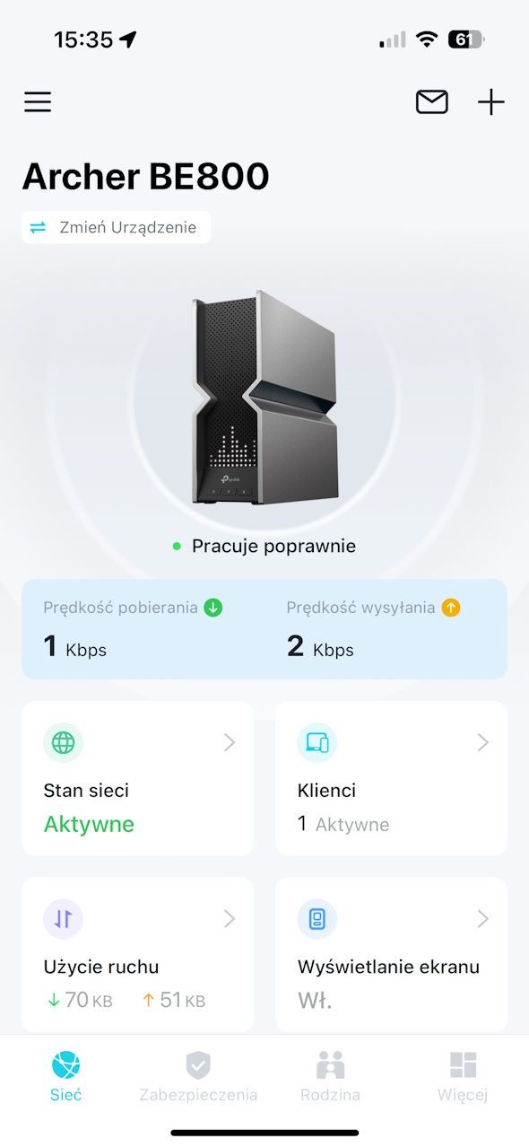 TP-Link Archer BE800 - głowny panel aplikacji