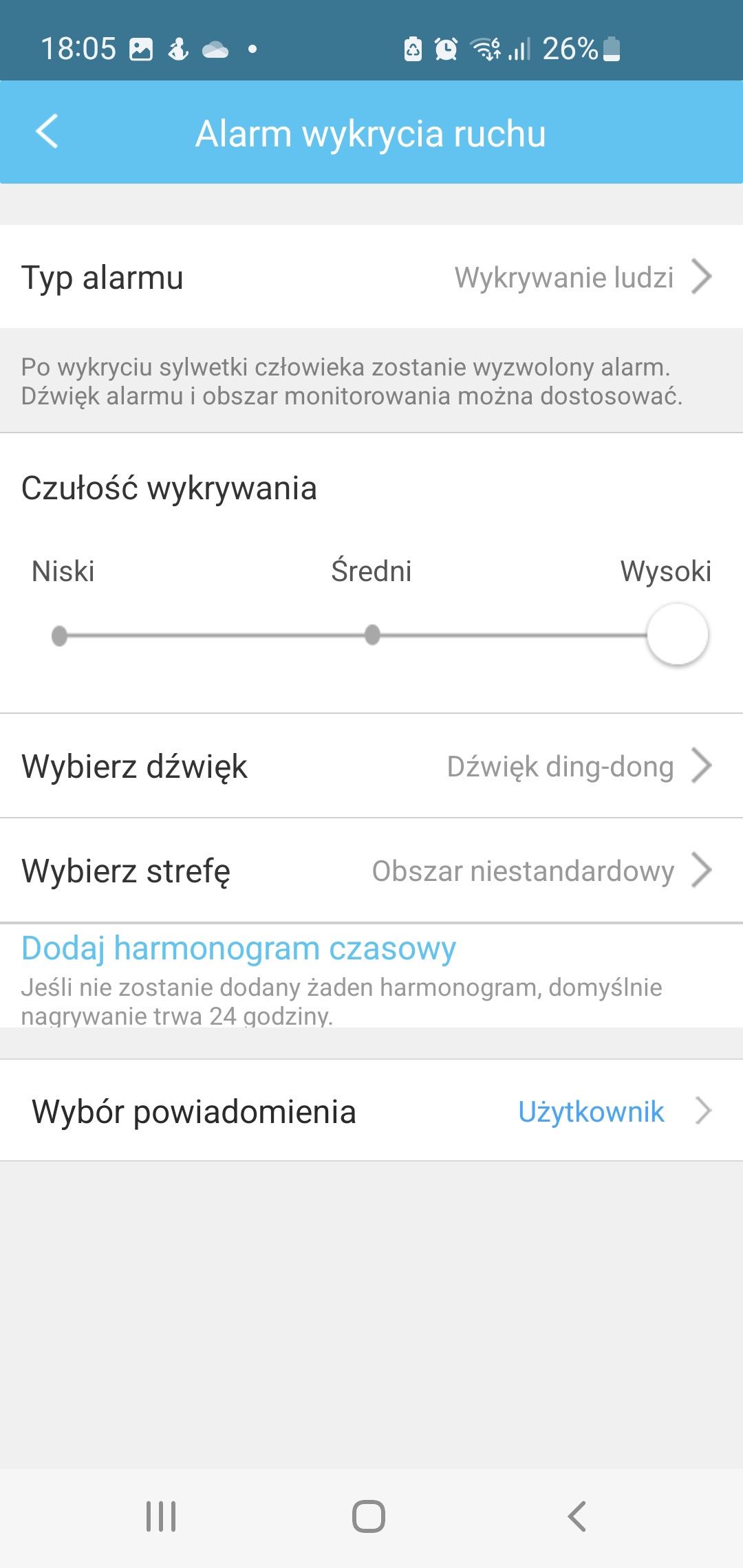 Orllo Goodcam Z14 - ustawienia alarmu wyrycia ruchu