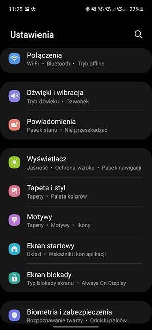 menu ustawień