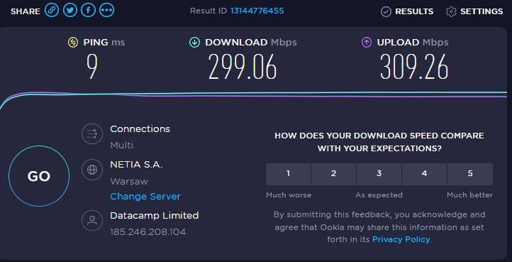Surfshark VPN - test  prędkości z aktywny VPN - najbliższy serwer