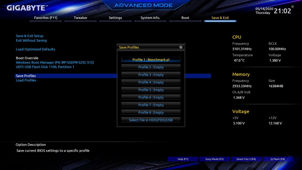 GIGABYTE Z490 Vision G - UEFI BIOS i profil benchmarkowy