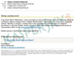 Allegro Phishing mail Fałszywa wiadomość 1