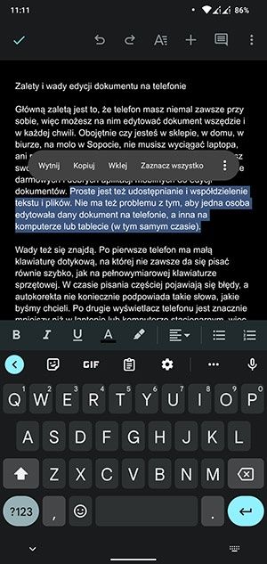Edycja dokumentu tekstowego na telefonie