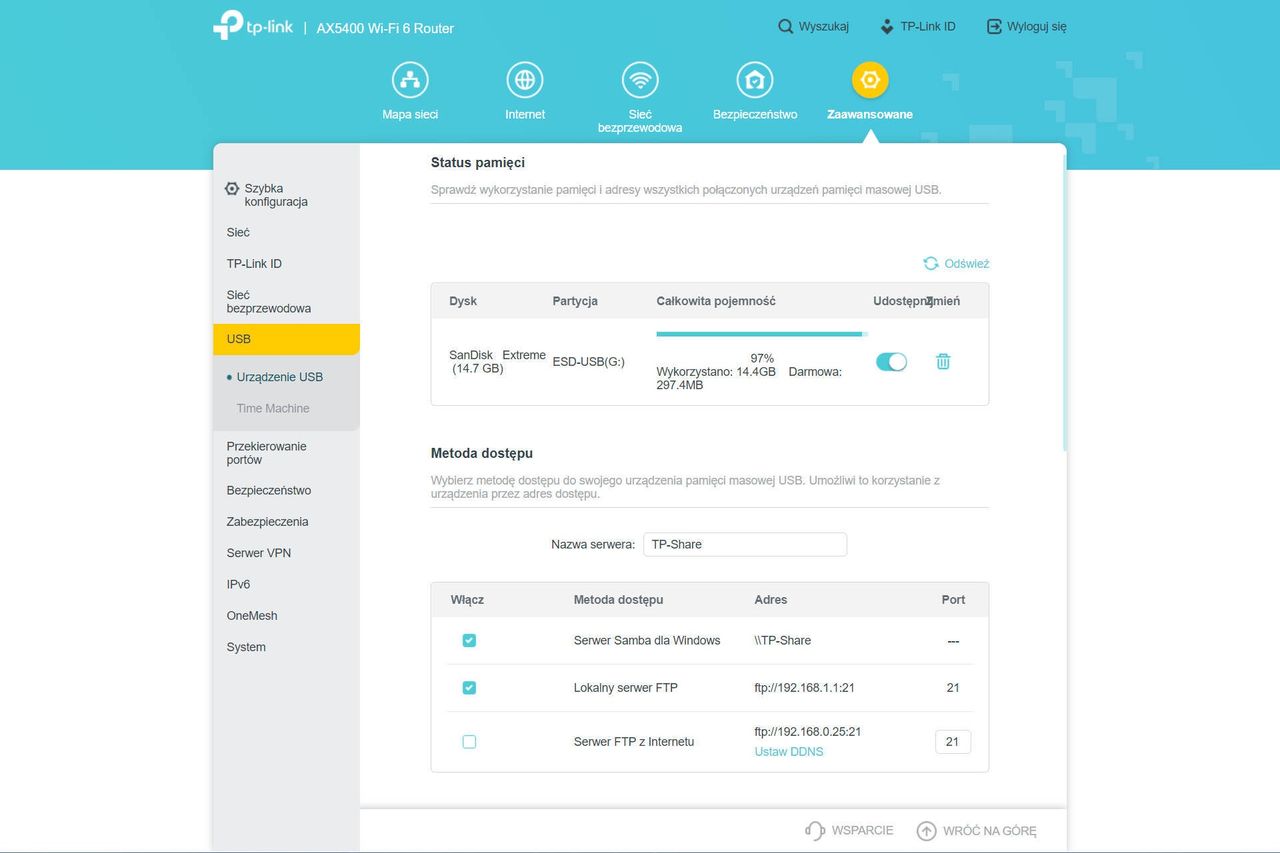 TP-Link Archer AX73 - panel w przeglądarce ustawienia usb 1