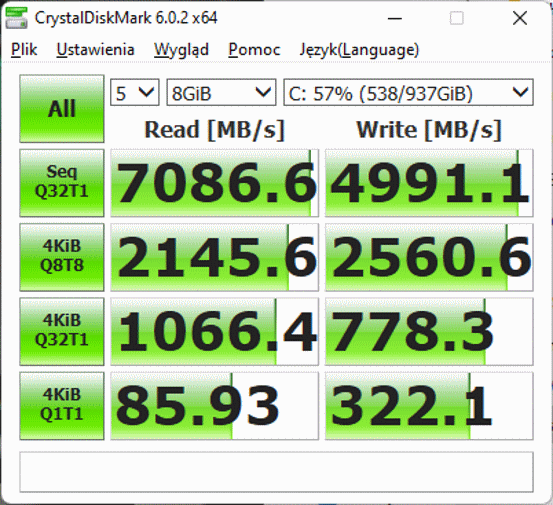 Gigabyte Aorus 17 XE4 - wyniki CrystalDiskMark