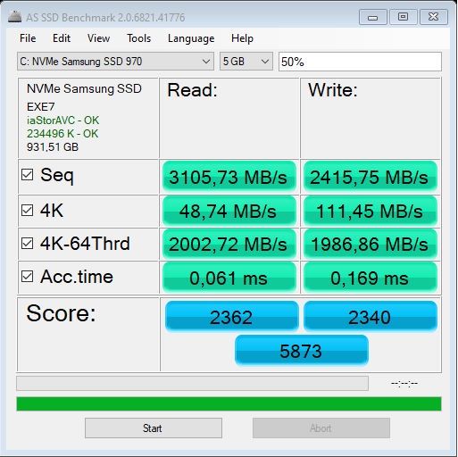 Hyperbook NH5 z RTX 3060 - test AS SSD mały % zajętego miejsca