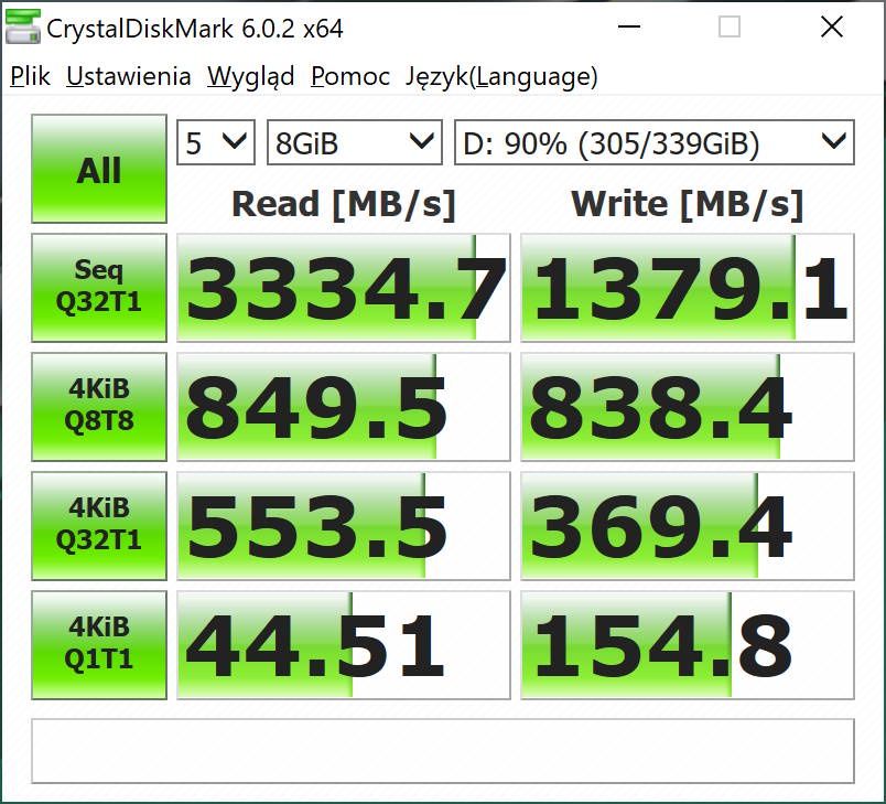 Huawei MateBook 14s - crystaldiskmark- pomiar przy 85% zajętego dysku