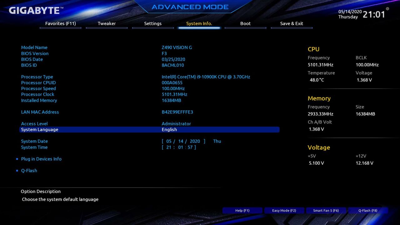 GIGABYTE Z490 Vision G - UEFI BIOS Advanced Mode