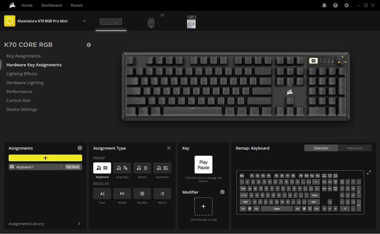 Corsair K70 Core - przypisywanie nowych funkcji klawiszom