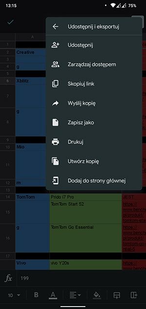 Edycja arkusza kalkulacyjnego na telefonie