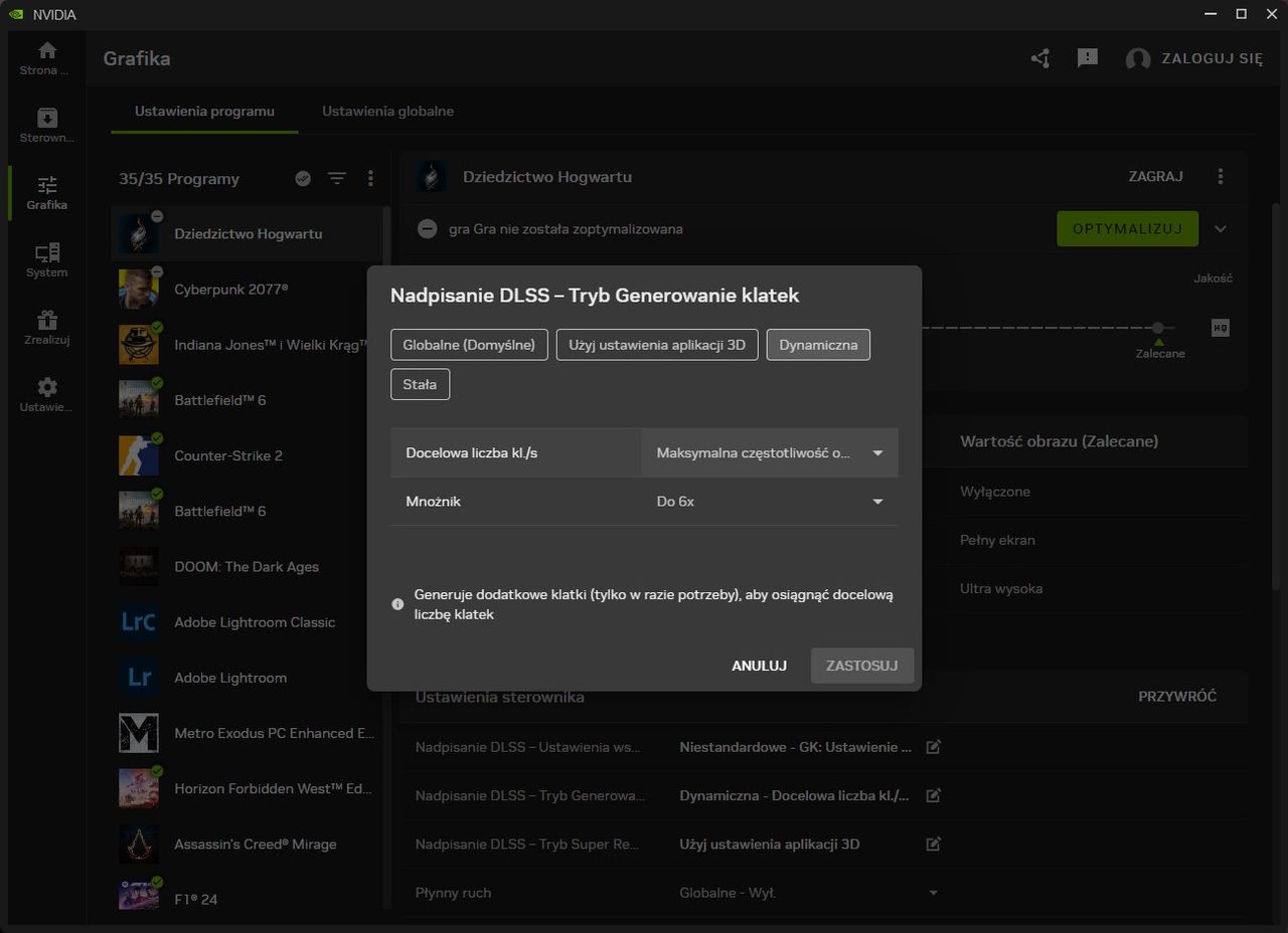 NVIDIA DLSS 4.5 Dynamic Multi Frame Generation - aktywacja