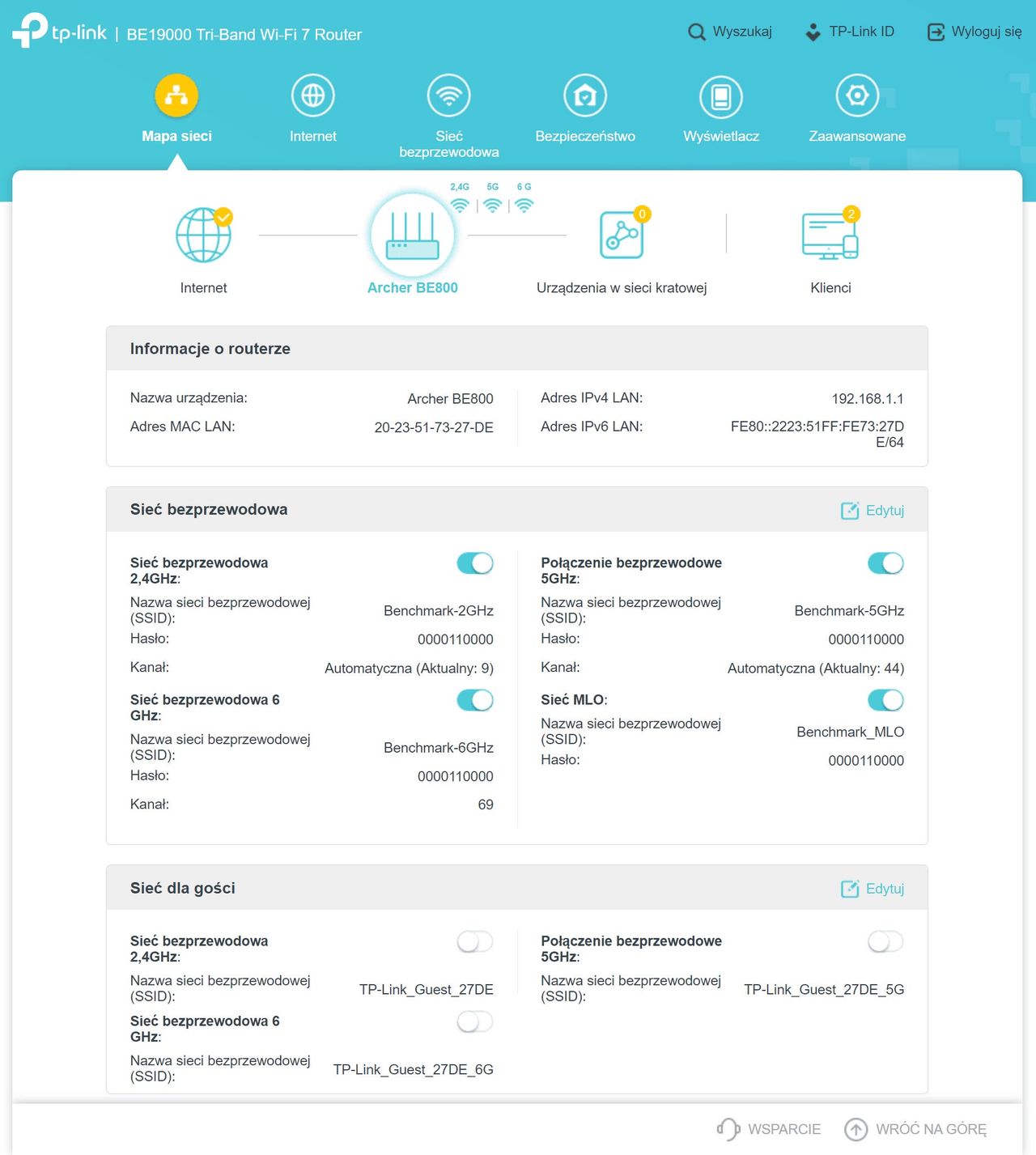 TP-Link Archer BE800 - panel w przeglądarce 1