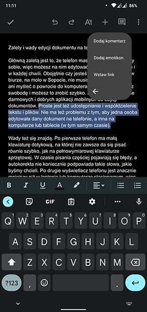 Edycja dokumentu tekstowego na telefonie