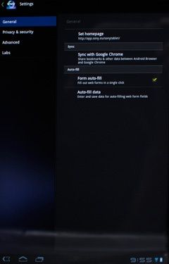 Sony Tablet S - ustawienia