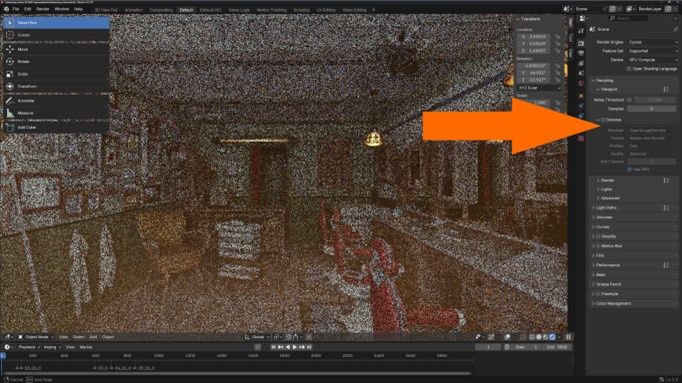 Po lewej pierwsza iteracja obrazu bez odszumiania – po prawej z aktywnym odszumianiem NVIDIA OptiX