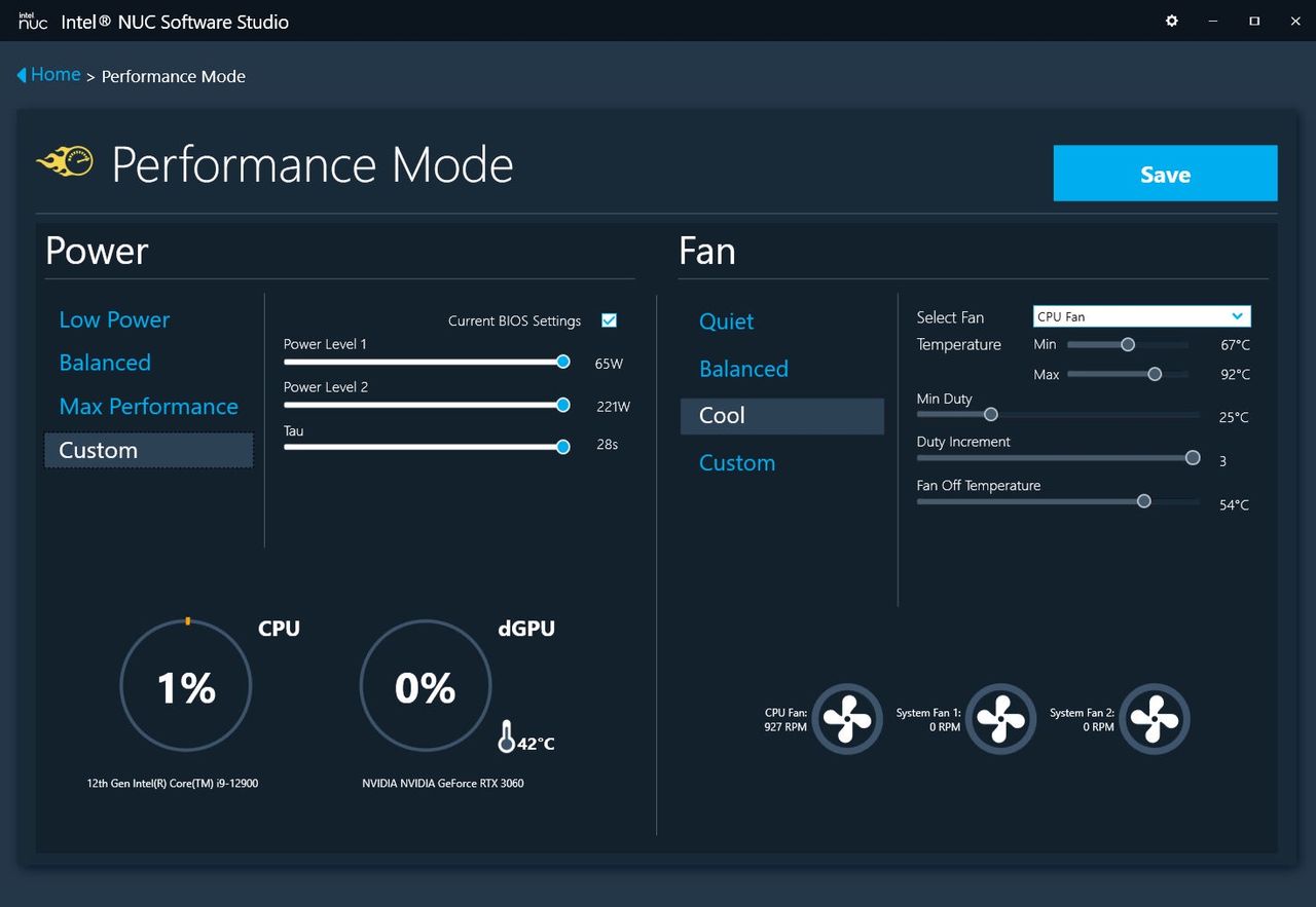 Intel NUC Extreme 12th - aplikacja - profile wydajności