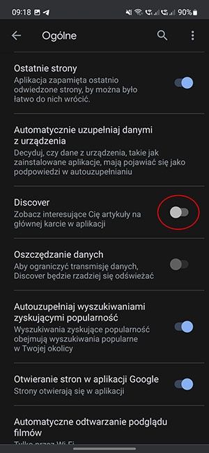 Google Discover ustawienia