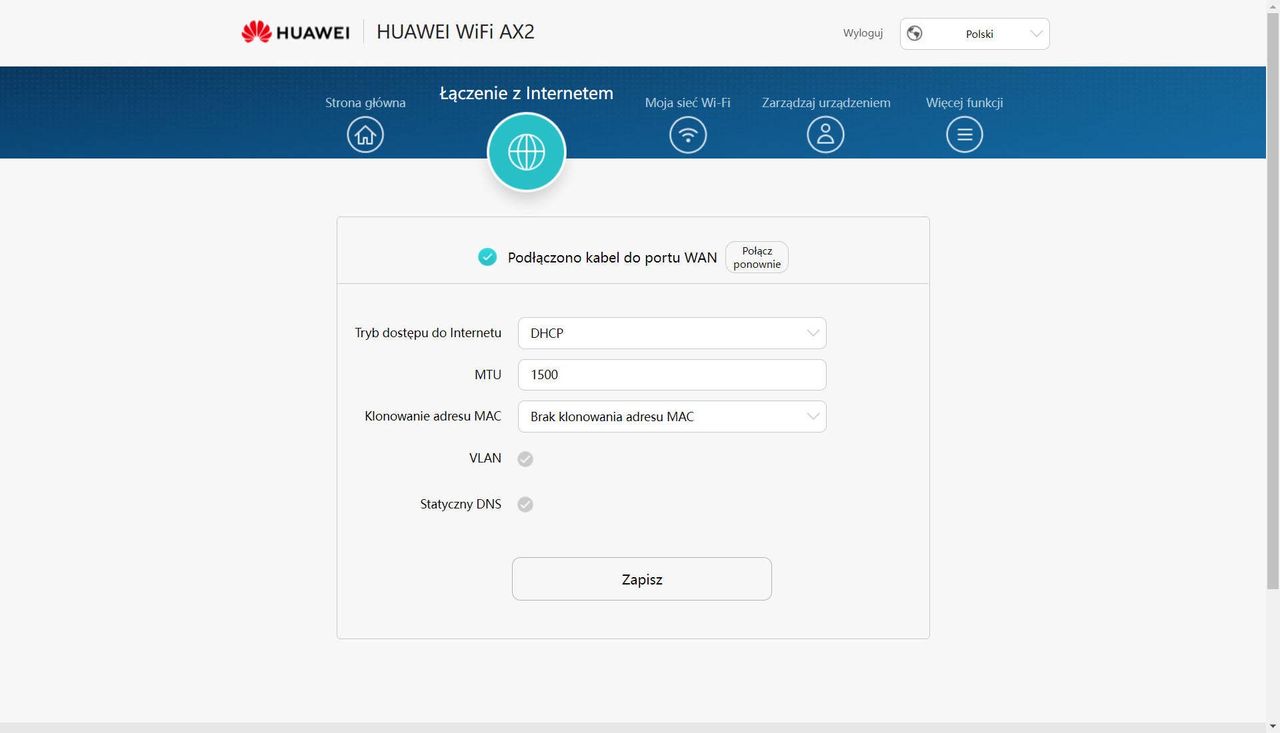Huawei WiFi AX2 - ustawienia internetu