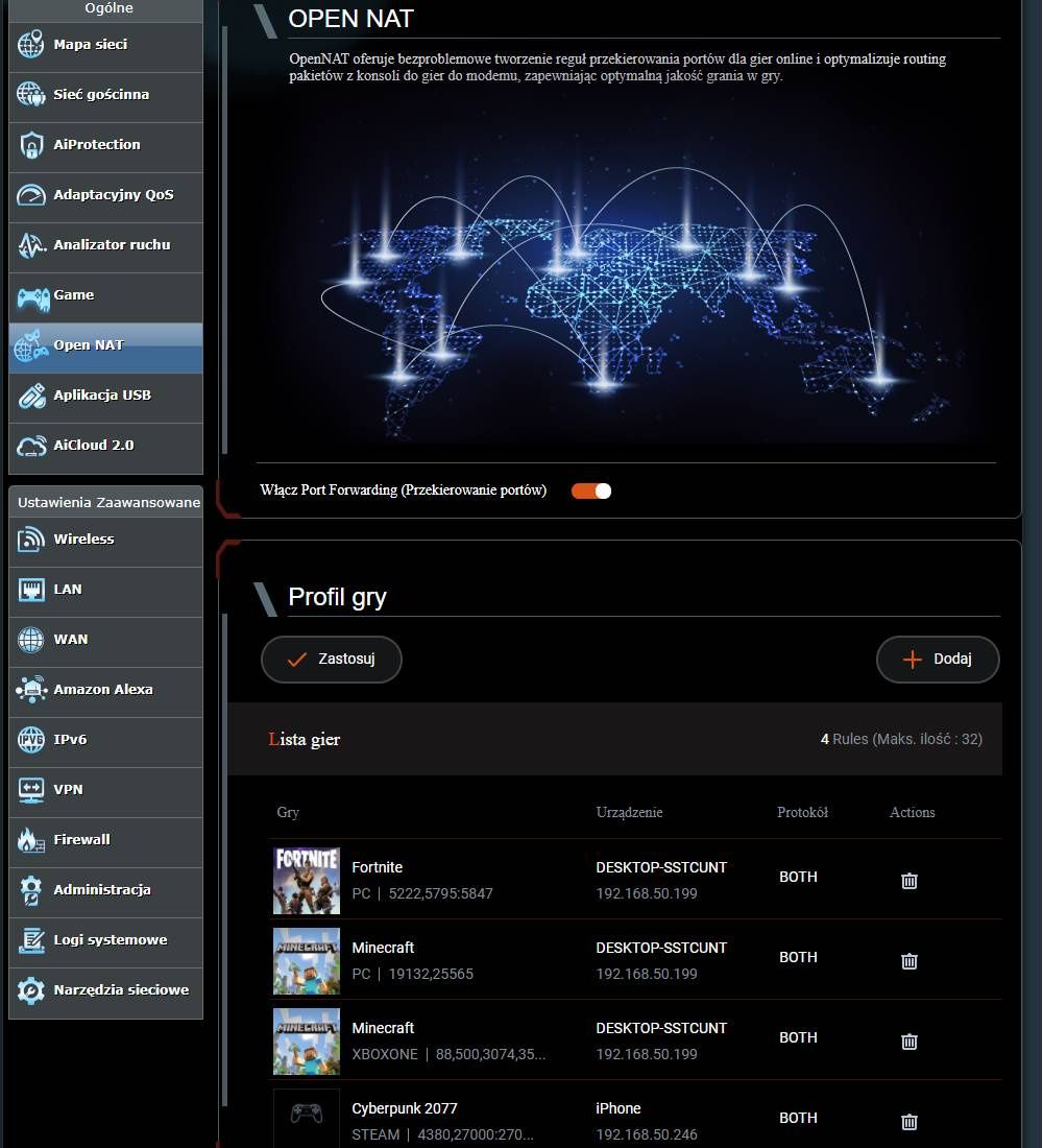 ASUS RT-AX82U - Ustawienia Open NAT