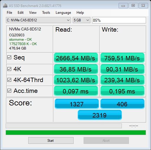 Razer Blade Pro 17 2020 - Test AS SSD 85% zapełnienia