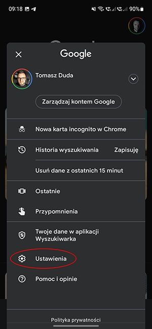 Google Discover ustawienia