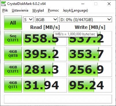 Synology SAT5200 480 GB test CristalDiskMark