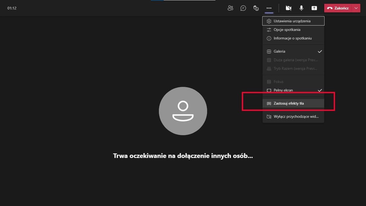 MS Teams - menu wyboru tła - zastosuj efekty