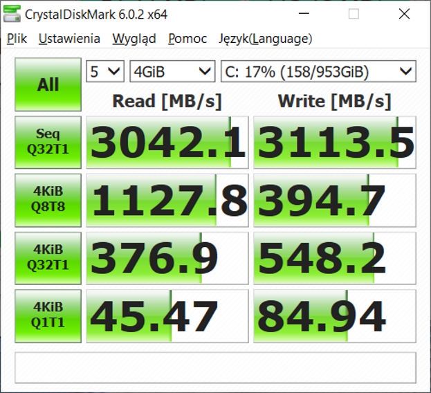 HP Spectre X360 14 - wyniki CrystalDiskMark pusty dysk