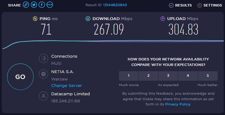 Surfshark VPN - test  prędkości z VPN - serwer Paryż - Sztokholm