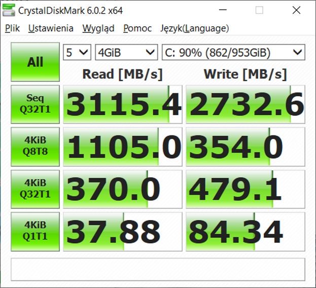 HP Spectre X360 14 - wyniki CrystalDiskMark zapełniony dysk
