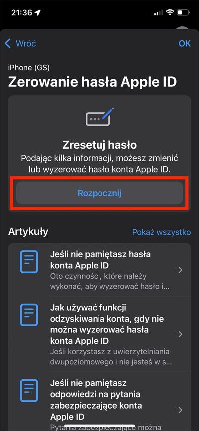 zerowanie hasła apple id