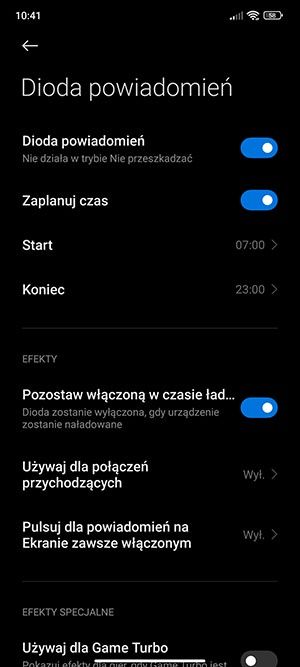 ustawienia diody powiadomień