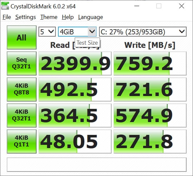 Acer Nitro 5 - test dysku w CrystalDiskMark przy małym zapełnieniu