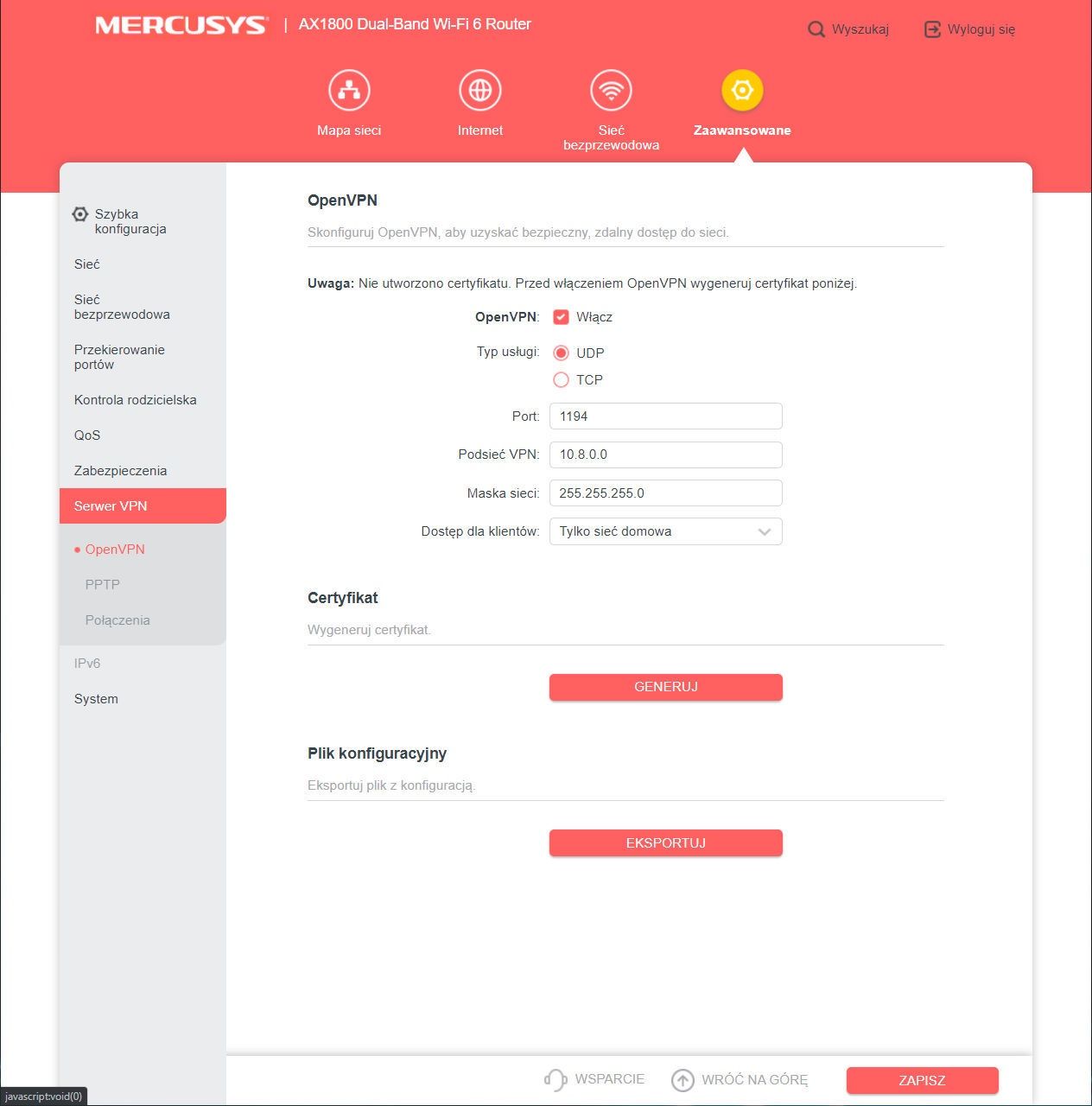 Mercusys MR70X - ustawienia VPN