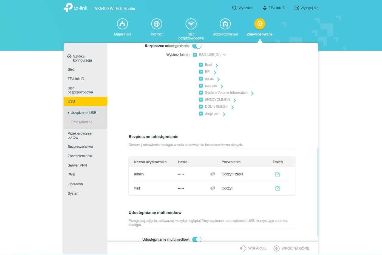 TP-Link Archer AX73 - panel w przeglądarce ustawienia usb 2