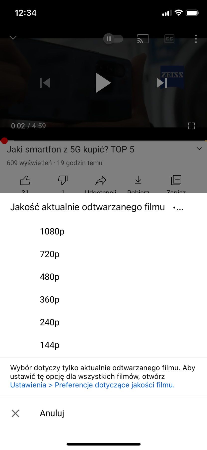 YouTube - nowy wybór jakości filmu