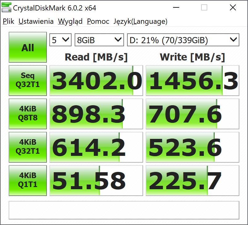 Huawei MateBook 14s - crystaldiskmark- pomiar przy 25% zajętego dysku