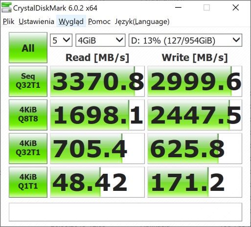 Gigabyte AERO 17 HDR YC - test w CrystalDiskMark - niskie zapełnienie