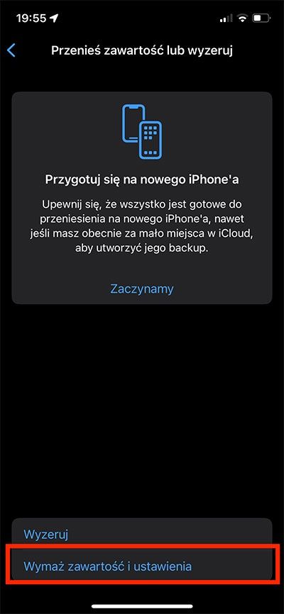 wymaż zawartość i ustawienia