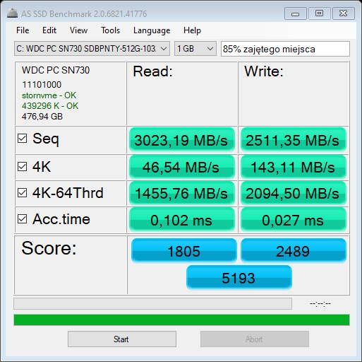 MSI GE75 Raider 10SGS - test SSD po zapełnieniu 85%