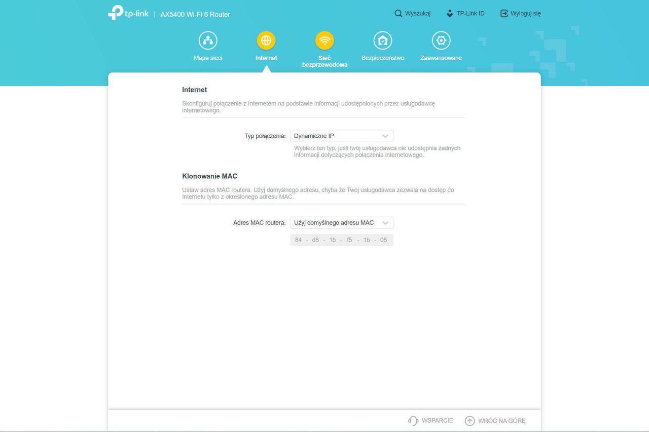 TP-Link Archer AX73 - panel w przeglądarce ustawienia podstawowe internetu