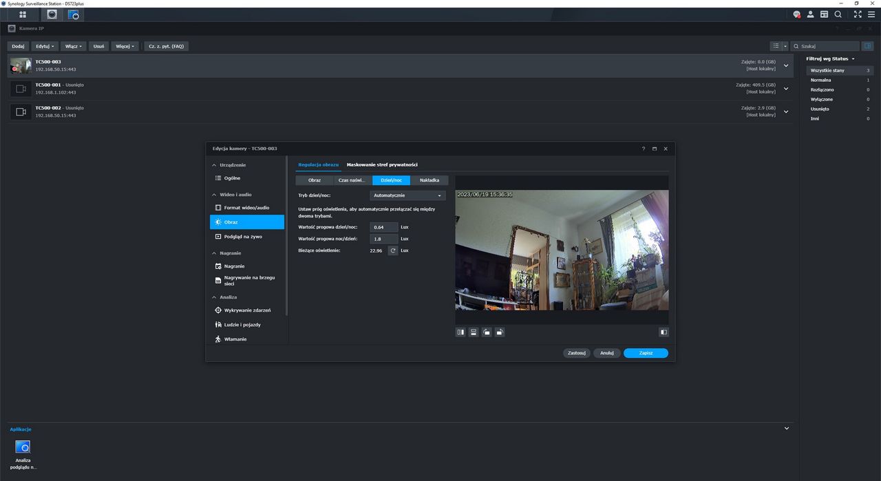 Synology TC500 - ustawienia obrazu