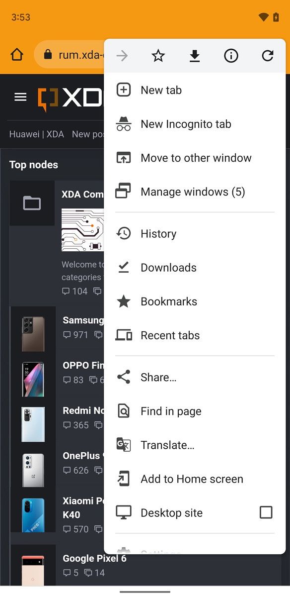 Okna w przeglądarce Google Chrome na Android 12