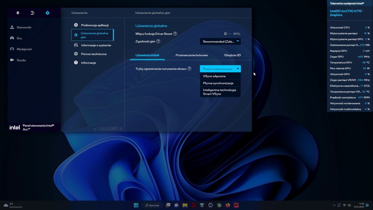 Intel ARC A770 Limitet Edition - ustawienia zaawansowane panelu sterowania
