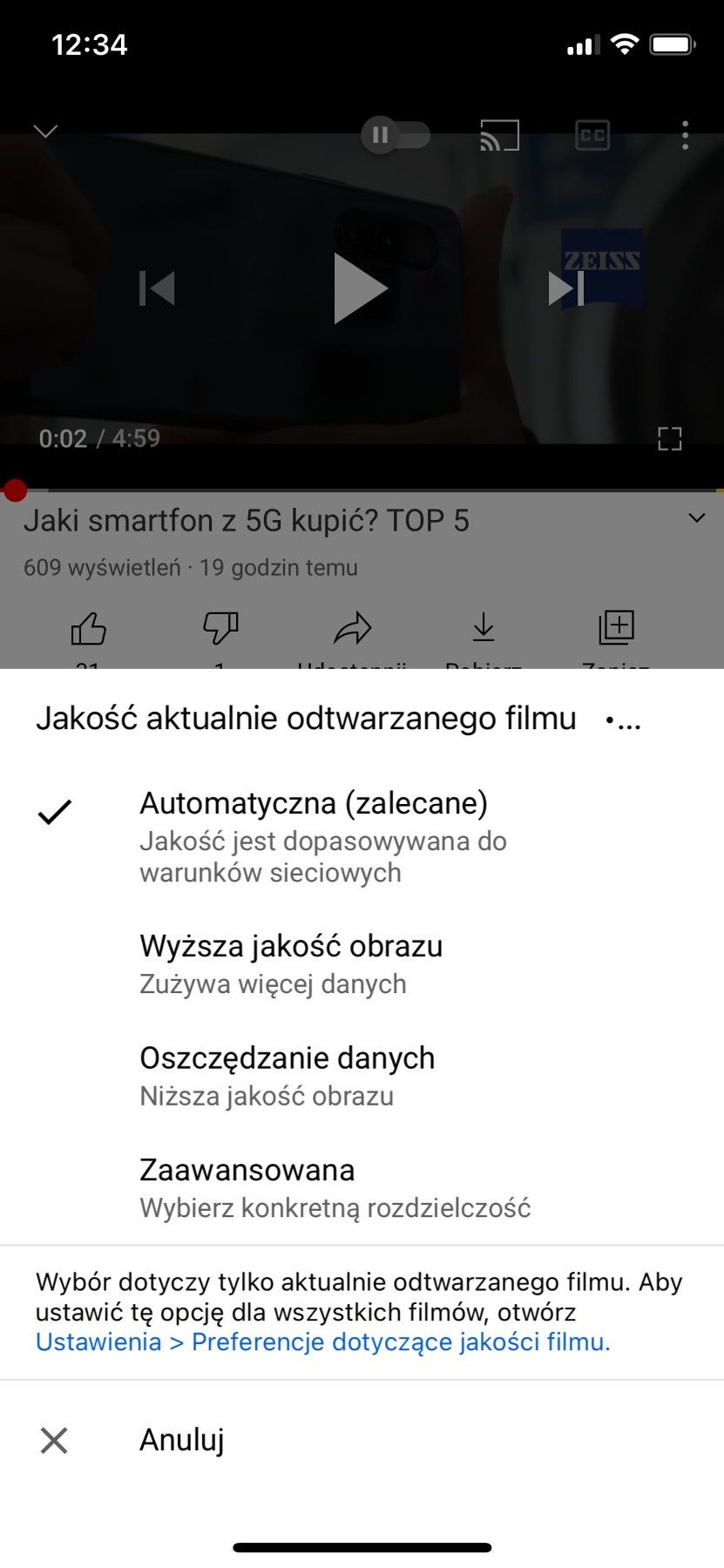 YouTube - nowy wybór jakości filmów