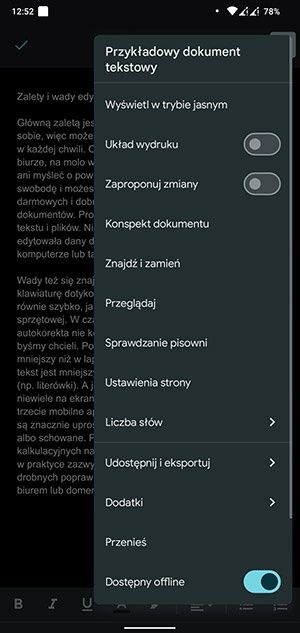 Edycja dokumentu tekstowego na telefonie