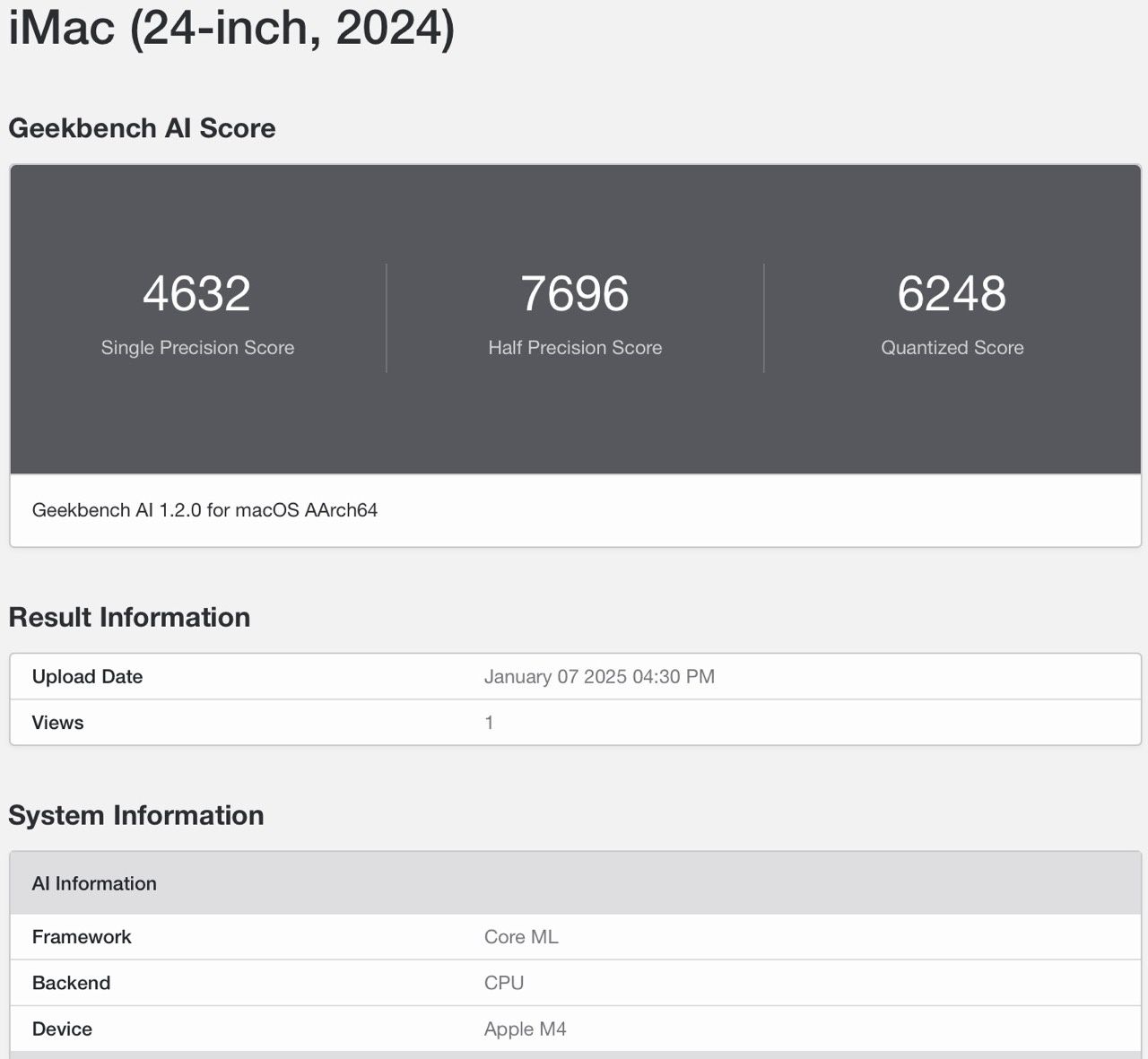 iMac M4 geekbench 6 AI CPU